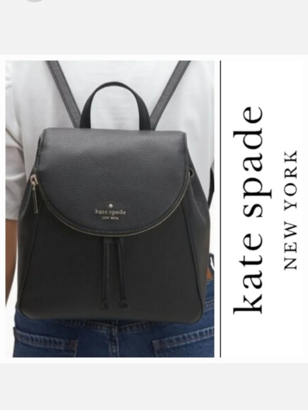 Kate Spade Leila Black Pebbled Leather Flap Backpack NWT